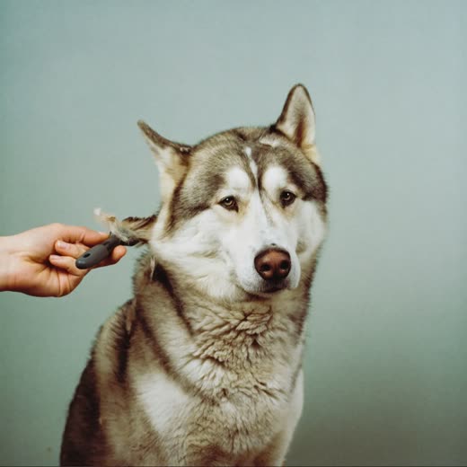 A thick-coated dog being brushed and de-shedded